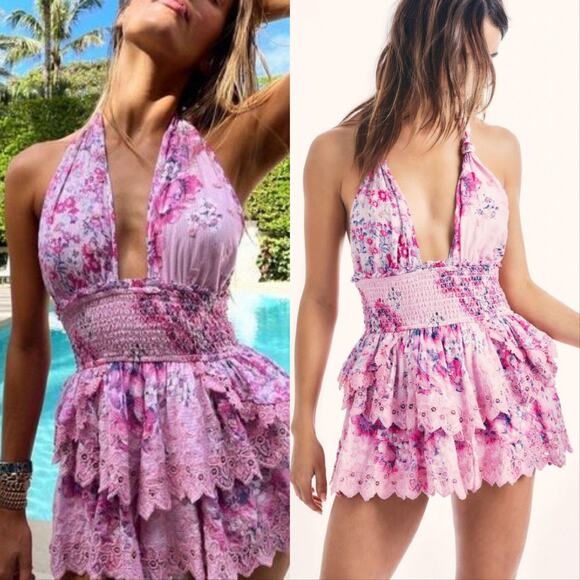 LoveShackFancy Dresses & Skirts - LoveShackFancy Deanna Halter Mini Dress Berry Fizz